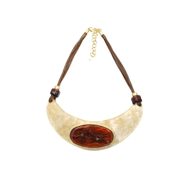 Leather Cord with Enamel and Synthetic Stones Boomerang Neckpiece